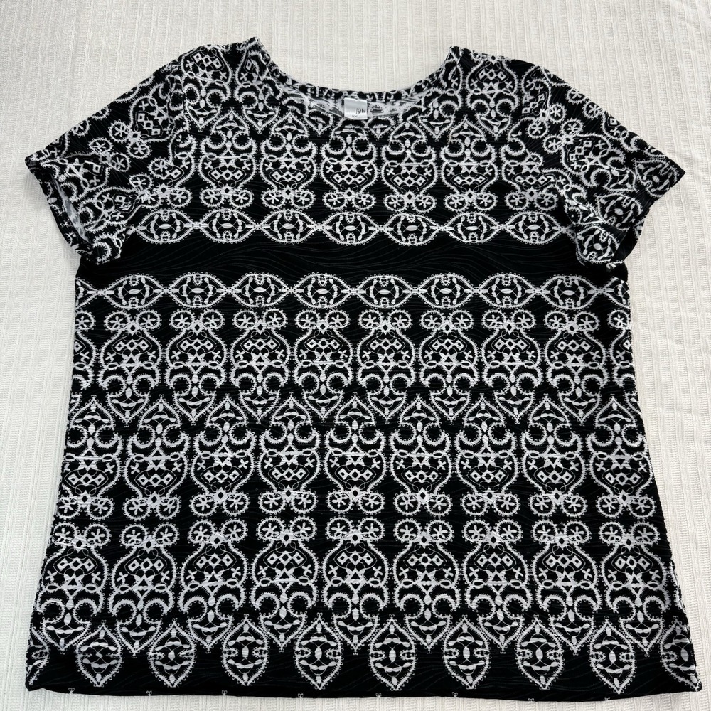 East 5th Size 2X Black White Patterned Womens Casual Short Sleeve Top Stretch